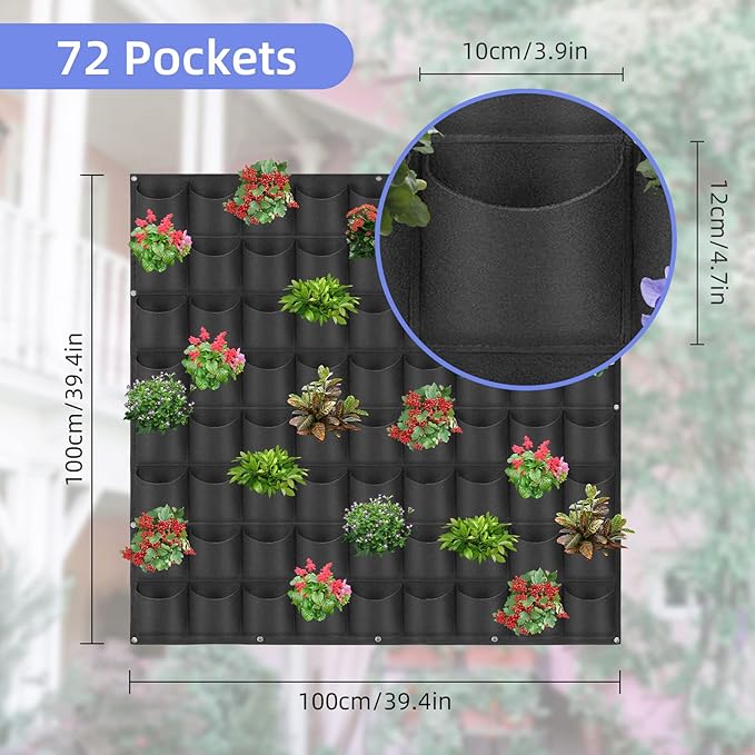 72 Pockets Hanging Planter Bags, Hanging Vertical Wall Mounted Plant Planting Grow Bags, Herb Garden Planter Outdoor Indoor Growing Bag, Gardening Vertical Greening Flower Container(1m×1m, Black)-Ruum Studio Home