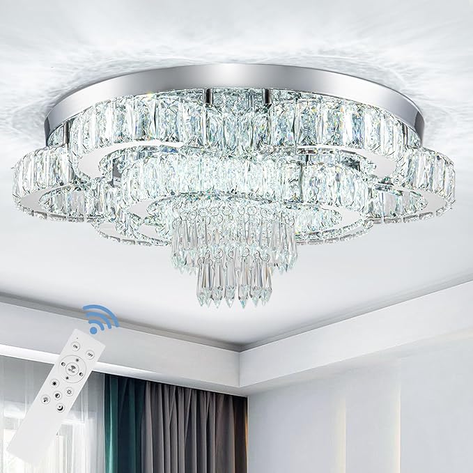 21 Inch Crystal Chandeliers with Remote Control LED Chandelier Modern Mount Flush Mount Chandelier Ceiling Light Fixtures for Bedroom Living Room Dining Room(Dimmable)-Ruum Studio Home