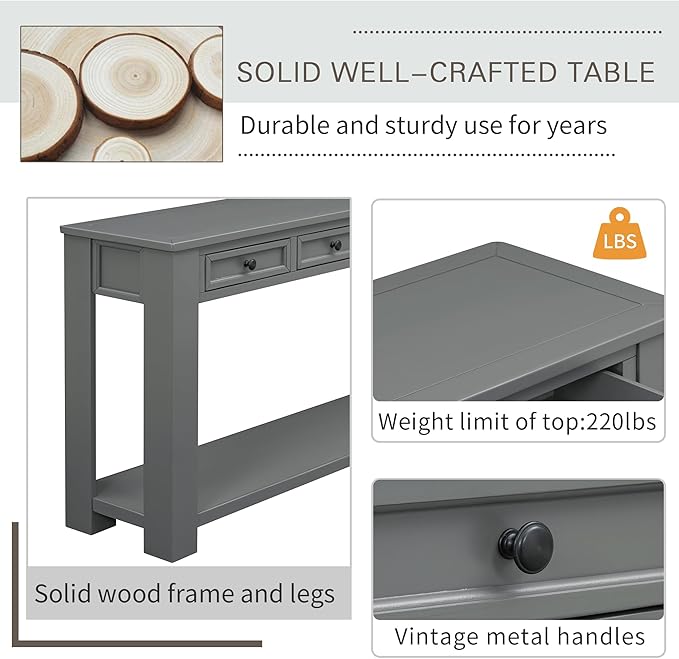 Solid Wood Console Table 63 in Long Sofa Table Entryway Table with 4 Drawers and Bottom Shelf for Hallway Living Room Couch Table,Fully Assembled,63" Tan-Ruum Studio Home