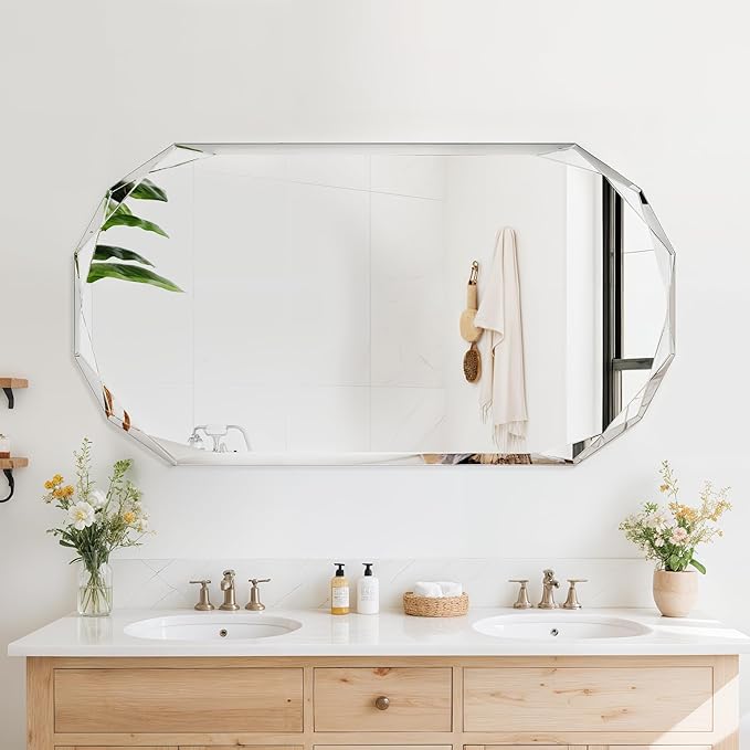 Bathroom Mirror for Wall, 24" x 48" Oval Mirror, Bathroom Vanity Mirror, Beveled Edge Frameless Wall Mount Vanity Mirrors, Wall Mirrors Decorative, Irregular Beveled Edge Mirror-Ruum Studio Home