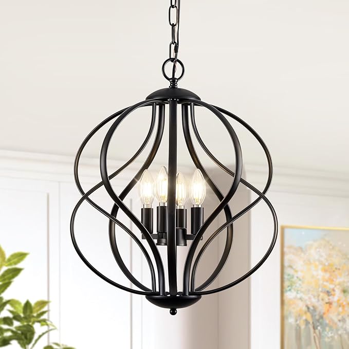 Modern Black Chandelier for Dining Room, 4 Lights Geometric Chandeliers, Sphere Chandelier Industrial Large Pendant Light Fixtures Hanging for Kitchen, Entryway, Foyer, Stairs-Ruum Studio Home