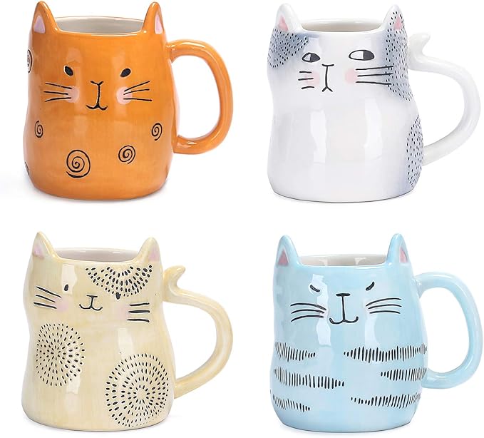 Bico Cartoon Cat Coffee Mugs Set of 4, Cute Ceramic Mugs with Unique Cats Faces, Stoneware Coffee Tea Mug Gifts for Cat Lovers, Women and Men, Microwave and Dishwasher Safe (10 oz)-Ruum Studio Home