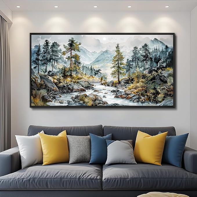 PHAOHUAXM Large Canvas Printing Artworks Wall Art For Bedroom Wall Decor For Living Room Office Home Decor Rivulet View Painting Forest Tree Landscape Watercolour Pictures Black Framed 30x60 In-Ruum Studio Home