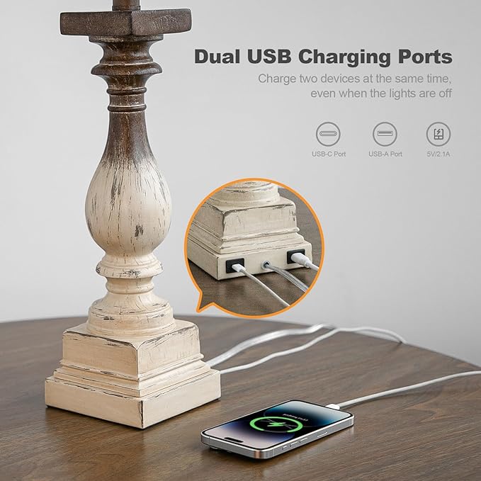 BOBOMOMO 27" Farmhouse Table Lamps with USB-A +C Ports, Vintage Rustic Side Table Lamps Set of 2, Linen Shade, Retro Bedside Night Stand Lamps for Living Room, Bedroom, Office, Home Decor-Ruum Studio Home