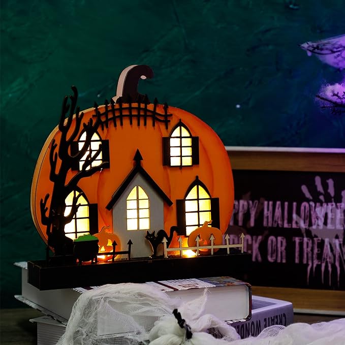 Lulu Home Halloween Tabletop Decoration, Wooden Lighted Pumpkin House Decoration Ornaments, Battery Operated Halloween Sign Indoor Fireplace Desk Kitchen Table Ornament, 9 x 9 x 2.1 INCH-Ruum Studio Home