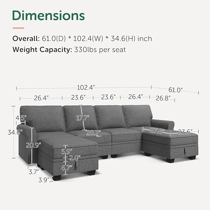 HONBAY Convertible Sectional Sofa with Storage U Shaped Sectional Couch with Reversible Chaise Small Sectional Couches for Living Room,Grey-Ruum Studio Home