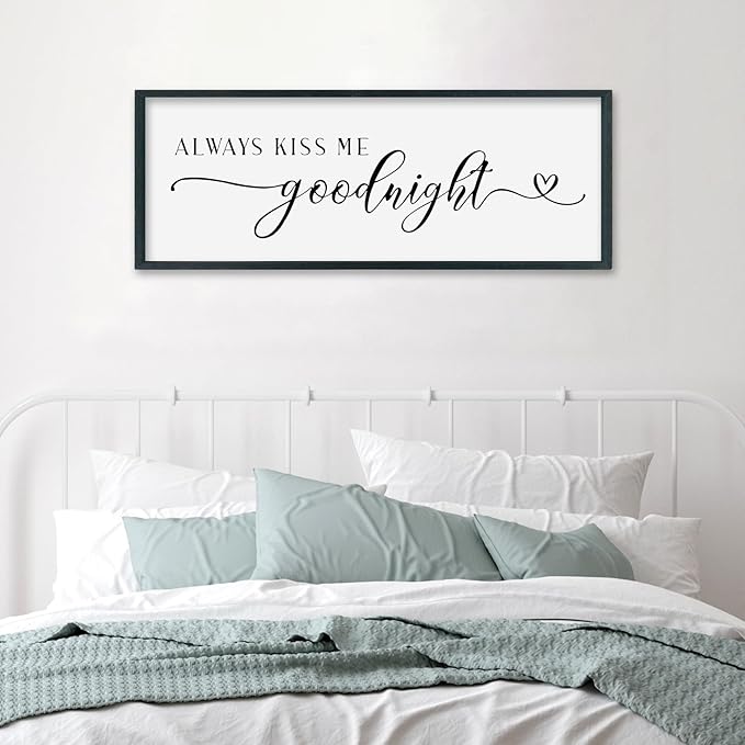 SRSZHIYUE Always Kiss Me Goodnight Sign Wall Decor Art for Master Bedroom Above Bed 32"×12" Large Wood Framed Wall Hanging (Black)-Ruum Studio Home