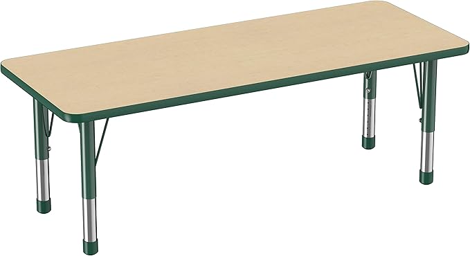 Factory Direct Partners FDP Rectangle Activity School and Classroom Kids Table (24 x 60 inch), Chunky Toddler Legs, Adjustable Height 15-24 inches - Maple Top and Green Edge-Ruum Studio Home