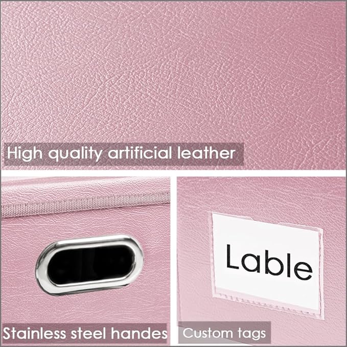 PRANDOM Large Stackable Storage Bins with Lids [5-Pack] Leather Fabric Foldable Storage Boxes Organizer Containers Baskets Cube with Cover for Bedroom Closet Office Nursery Pink (17.7x11.8x11.8)-Ruum Studio Home