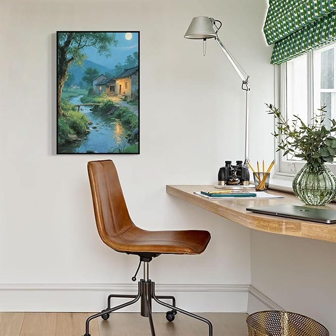 Moonlight under the big tree creek cabin scenery is suitable for posting in the living room bedroom office scenery poster wall painting-Ruum Studio Home