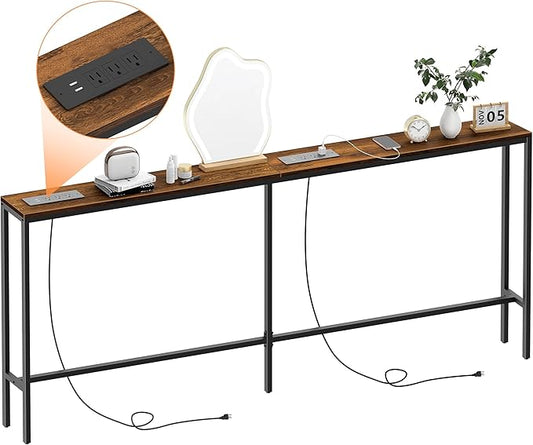 Narrow Sofa Table with 2 Power Outlets, 71” Thin Console Tables Narrow Long, Behind Couch Table Skinny, Wood Console Tables for Entryway, Living Room, Hallway, Foyer, Rustic Brown-Ruum Studio Home