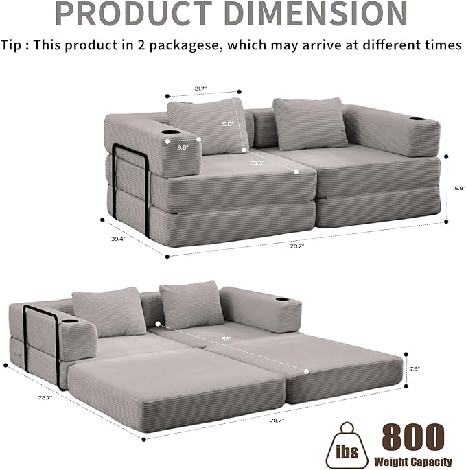 78" W Loveseat Sofa, 4 in 1 Convertible Floor Sofa Bed, Boneless Cloud Couch with Cup Holder, Fold Out Floor Couch, Loveseat Recliner Sleeper for Living Room Bedroom Lounge(Corduroy, White)-Ruum Studio Home