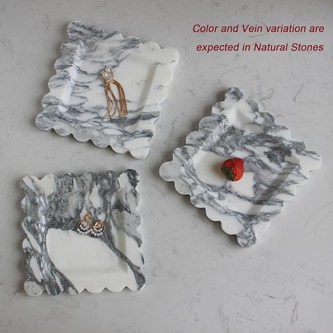 Natural Luxury Marble Tray with Scalloped Edge, Handmade Square Decorative Tray, Catch All Tray for Counter, Dresser, Nightstand and Home Décor (Arabescato Calacatta)-Ruum Studio Home