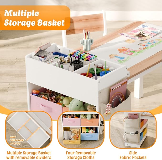 Kids Art Table and Chair - Toddler Craft Table and Chairs Set with 2 Chair & Bins, Large Storage Kids Activity Desk with Paper Roll for Playrooms & Classroom, 40" L x 20" W, Natural-Ruum Studio Home