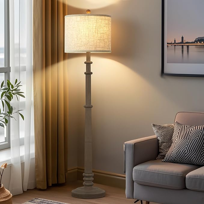 Floor Lamps for Living Room - 60" Resin Farmhouse Floor Lamp with 3 Color Temperatures - Vintage Standing Lamp Reading Light with Linen Shade Retro Tall Lamp for Bedroom Office, Grey-Ruum Studio Home