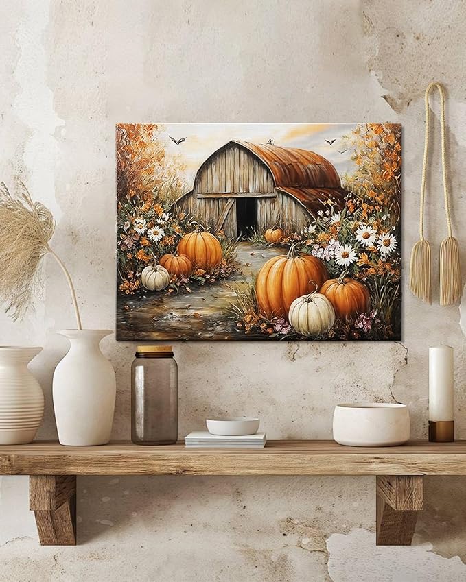 Autumn Pumpkin Barn Framed Wall Art Decor, Moody Fall Decor Rustic Country Landscape Picture Print for Farmhouse Decor,Thanksgiving Decorations Country Canvas Wall Art, Ready to Hang-Ruum Studio Home