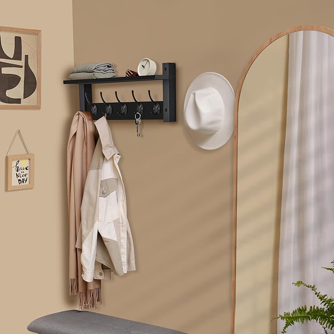 Sorbus Coat Hooks Wall Mount with Shelf – 16 Inch Coat Rack Wall Mount with 5 Heavy Duty Hooks – Floating Wall Shelf with Hooks for Entryway, Bathroom, Bedroom, Kitchen, or Mudroom (Black)-Ruum Studio Home
