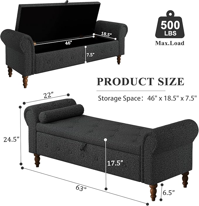 Storage Ottoman Bench for Bedroom, 63" End of Bed Bench with Rolled Arms Upholstered Ottoman Bench Fit for Bedroom, Living Room, Entryway, Linen Dark Gray-Ruum Studio Home