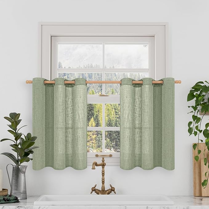 LAMIT Short Linen Window Curtains 30 inches Long 2 Panels, Sage Green Semi Sheer Light Filtering Panels Bronze Grommet Linen Textured Neutral Boho Christmas Drapes for Kitchen/Cafe, 34 x 30 Inch-Ruum Studio Home