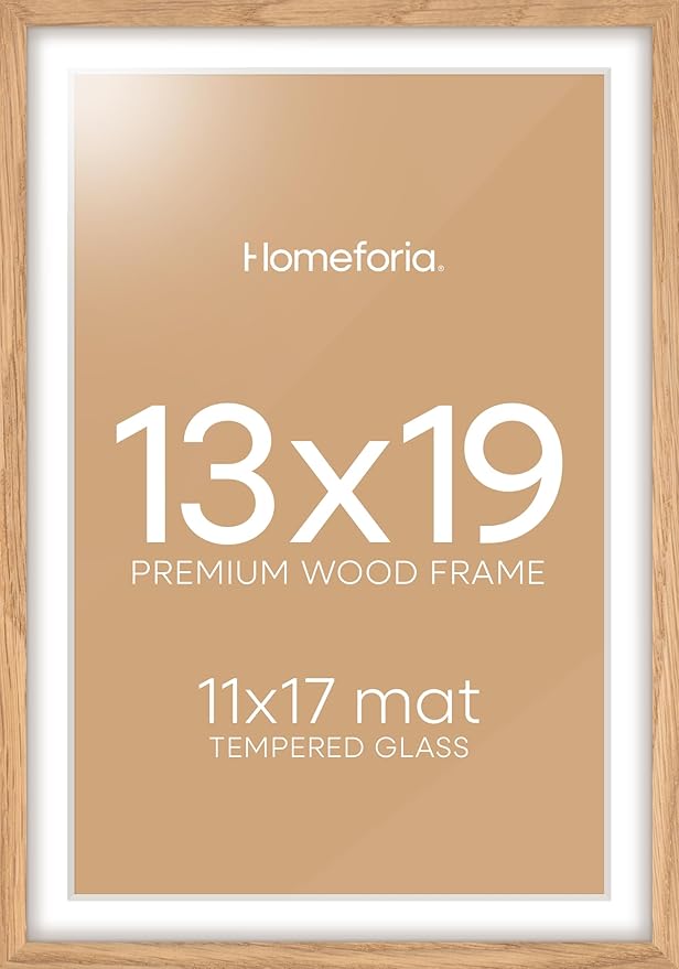 Homeforia 13x19 Picture Frame Wood, High End Natural Oak 13x19 Light Wooden Poster Frame with Mat 11x17, 13 x 19 Frames Matted to 11 x 17 Photo, 19x13 Hanging Frame, Tempered Glass, Wall Kit, Set of 1-Ruum Studio Home