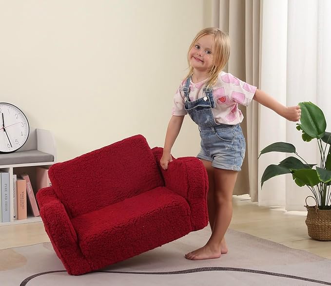 Kids Chairs for Toddler, 2-in-1 Toddler Soft Sherpa Couch Fold Out, Convertible Sofa to Lounger for Girls and Boys, Christmas Decor, Red-Ruum Studio Home
