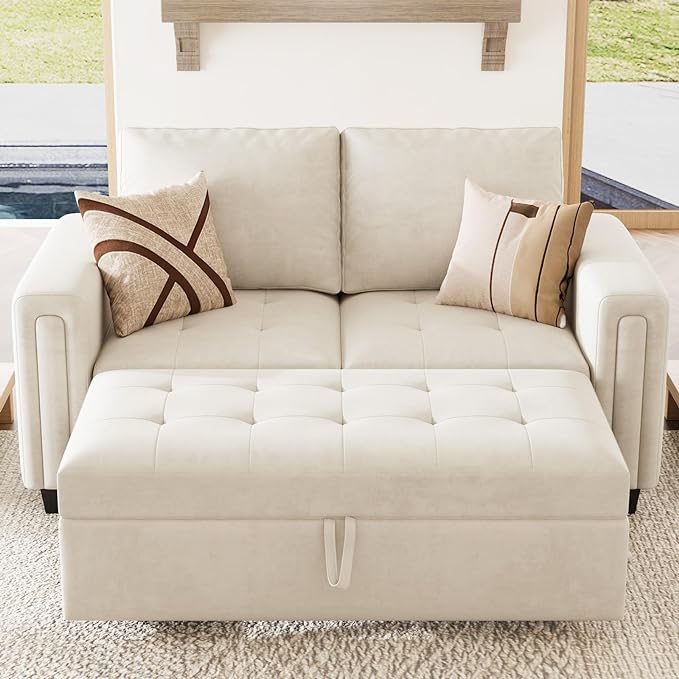 Belffin Modular Sectional Sleeper Sofa with Pull Out Couch Bed Modular Sleeper Loveseat Sectional Sofa Velvet Fabric for Living Room Apartment Beige-Ruum Studio Home