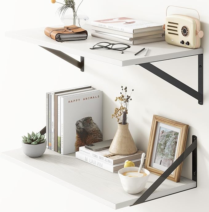 Deep Floating Shelves, 12 Inch Deep Floating Shelves for Wall, 24"W x 12"D Wall Shelves for Books, Rustic White Wooden Shelves, Large Wide Display Shelf for Bathroom, Living Room, Bedroom, Set of 2-Ruum Studio Home