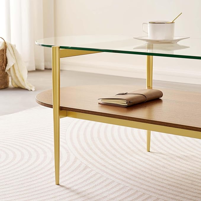 Oval Glass Coffee Table, Mid-Century Modern Design, L41 x W21 x H17 inch, for Living Room, 2-Tier Structure, Clear Glass Top and Walnut Finish Wood Shelf, Conical Legs with Gold Finish Frame-Ruum Studio Home