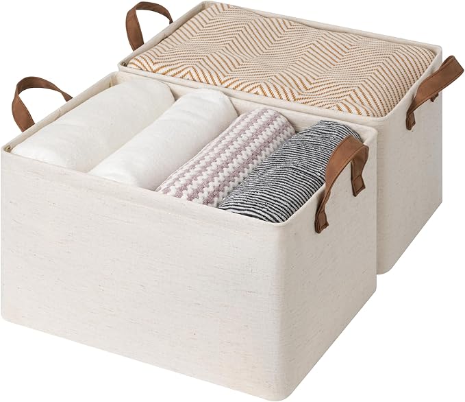 StorageWorks Storage Bins, Shelves Baskets for Organizing, Large Fabric Closet Organizers with Handles, Metal Frame, Beige（Cotton-linen）, 2-Pack-Ruum Studio Home