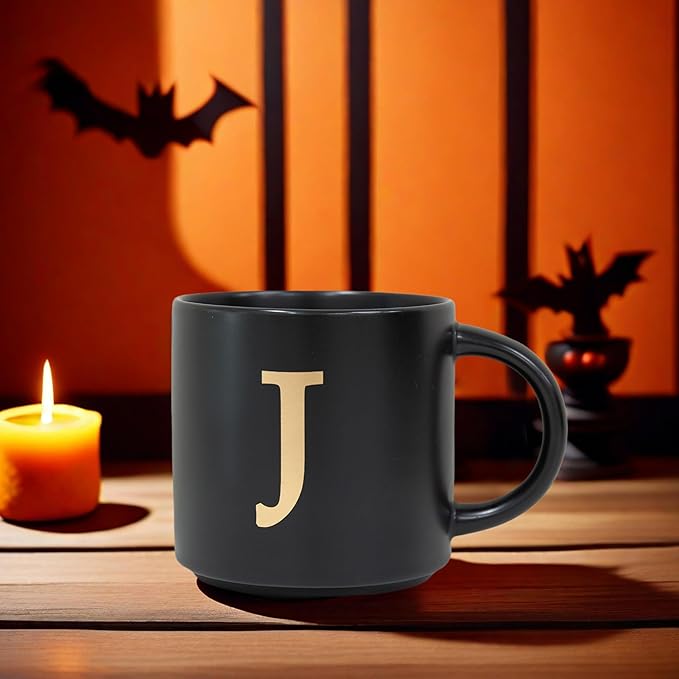 COLLECTIVE HOME - Monogram Ceramic Mugs, 15 oz Golden Initial Black Coffee Cups, Elegant Alphabet Tea Mugs, Elegant Personalized Mug with Gift Box, Unique Mug with Double Side Capital Lette (J)-Ruum Studio Home