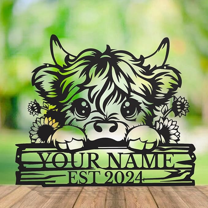 Personalized Highland Cow Name metal Signs,Custom Highland Cow Metal Shed Wall Decor,Black Metal Wall Art Plaques Outdoor wall Decorative Signage (Style D)-Ruum Studio Home