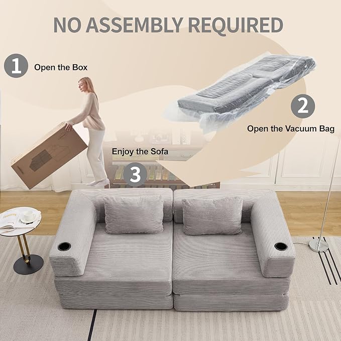 78" W Loveseat Sofa, 4 in 1 Convertible Floor Sofa Bed, Boneless Cloud Couch with Cup Holder, Fold Out Floor Couch, Loveseat Recliner Sleeper for Living Room Bedroom Lounge(Corduroy, White)-Ruum Studio Home