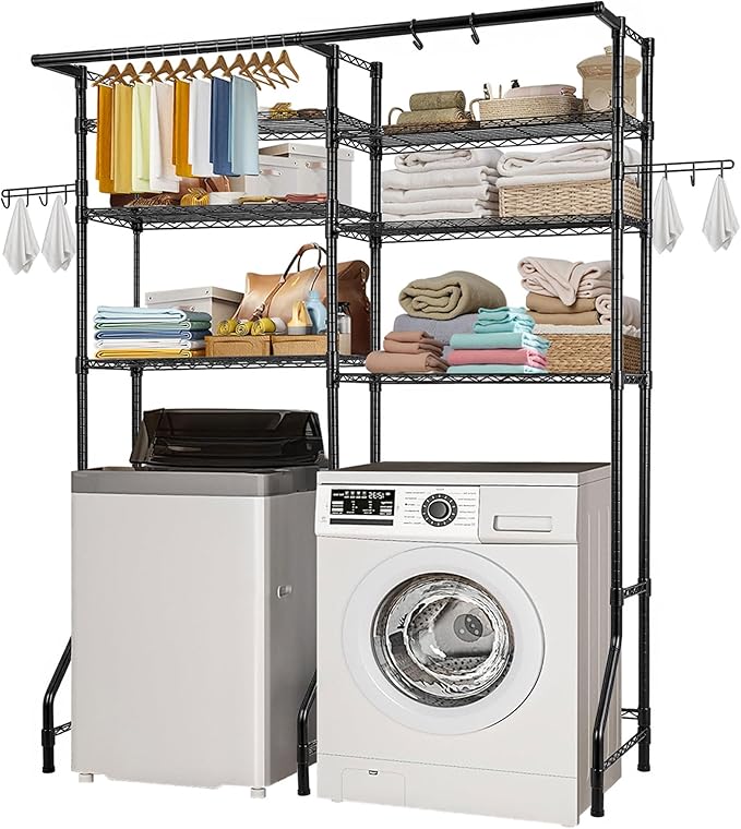VEVOR Over The Washer and Dryer Storage Shelf, 6 Tier Laundry Room Drying Rack with Hanger Rod and Hooks, Adjustable Over Washer and Dryer Shelves, Laundry Room Shelf Storage Space Saver, Black-Ruum Studio Home