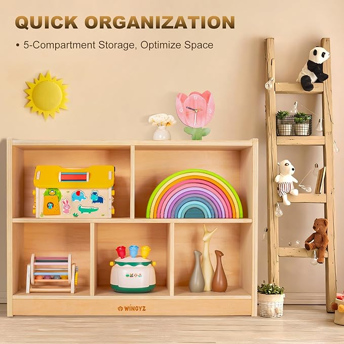 wingyz Wood Storage Shelf Organizer, 35.4" L, 5-Section Montessori Kids Toy & Book Shelf, Wooden Cabinet for Kids Rooms, Playroom, Classroom, Nursery, Preschool Furniture - Nature-Ruum Studio Home