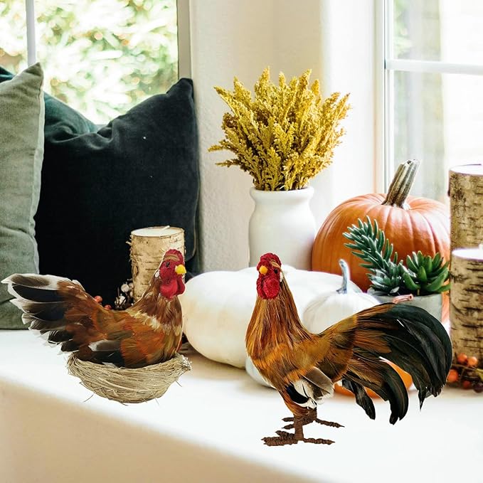 naturevibe 8.8 Inches Feathered Rooster Decor and Hen,Realistic Farm Animals Figurine with Real Feathers as Fall Decorations,Autumn Chicken Decor for Fall Centerpiece or Harvest Festival Display-Ruum Studio Home