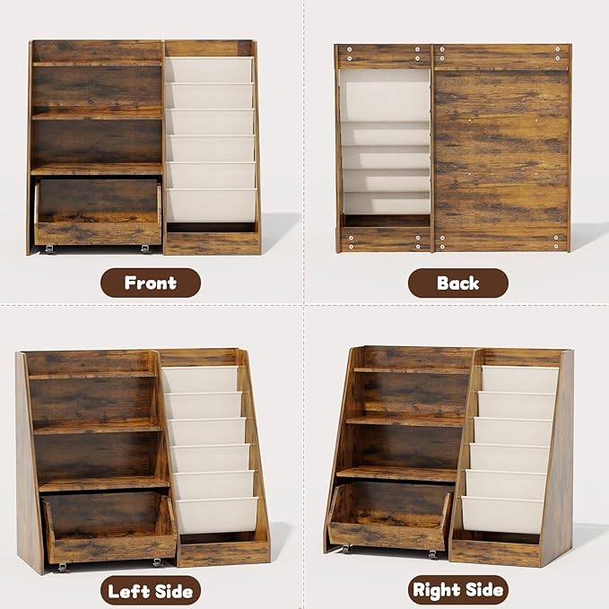 COZPAW Kids Bookshelf and Toy Storage, 4 Tier Toddler Bookshelf with Movable Drawer 5 Sling Pockets, Montessori Book Shelf for Kids Room, Playroom, Nursery (Brown)-Ruum Studio Home
