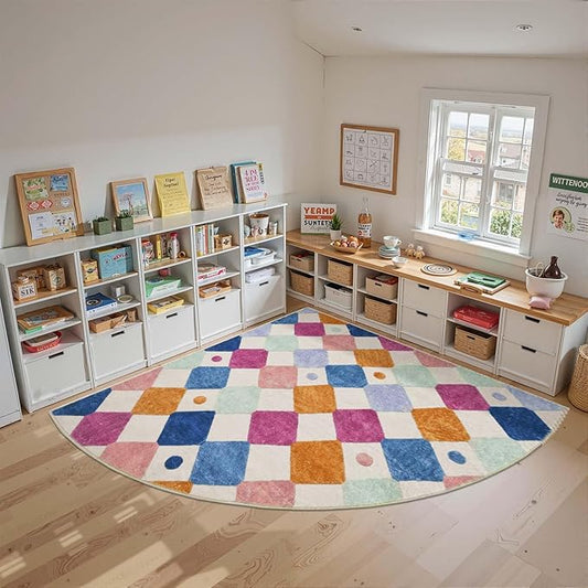 jinchan Kids Rug for Classroom 7ft Radius Corner Washable Area Rug Modern Colorful Quarter Circle Rug Soft Non-Slip Carpet for Nursery Playroom Daycare Reading Nook Living Room Berries on Cream-Ruum Studio Home