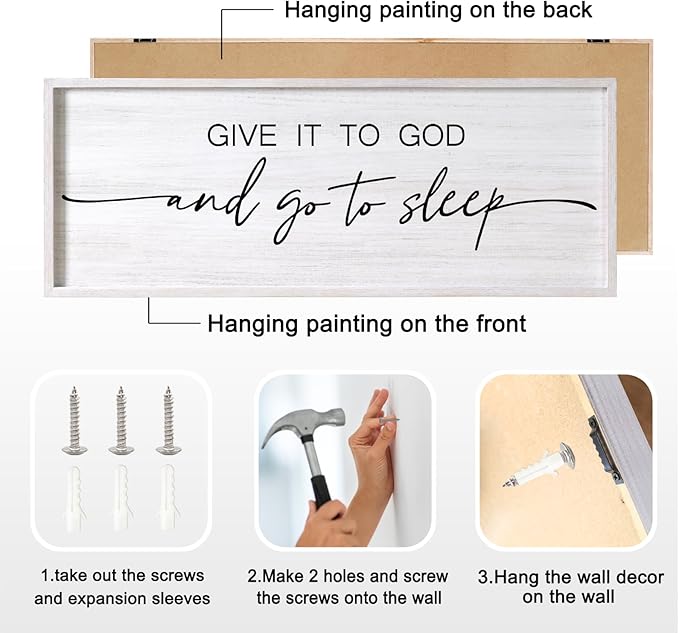 Give It to God and Go to Sleep Decorative Rustic Sign & Plaque Framed Wall Art for Couples, 40''×15'' Vintage Farmhouse Wooden Horizontal Wall Decor Above Bed, Cottagecore Wedding Gift for Bedroom-Ruum Studio Home
