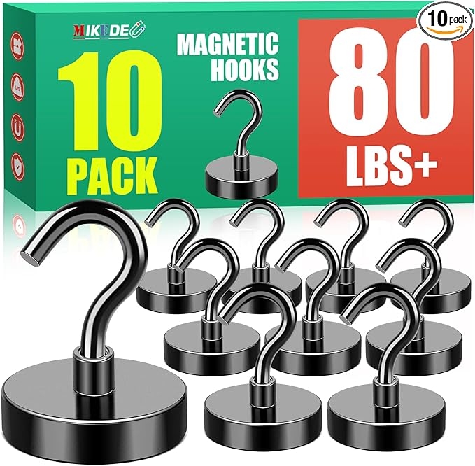 MIKEDE Black Magnetic Hooks, 80Lbs Heavy Duty Earth Magnets with Hooks for Cruise Cabin, Strong Magnet Hooks for Hanging, Super Metal Magnetic Hanger for Grill, Fridge, Kitchen - Pack of 10-Ruum Studio Home