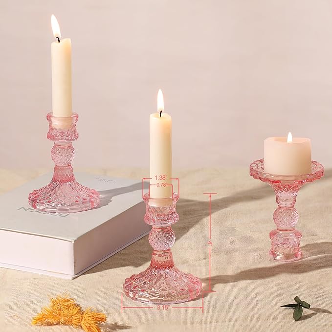 12Pcs Pink Candlestick Holders Set- 4" H Taper Candle Holders Bulk, Glass Candle Holders for Wedding, Party, Romantic Dinner Table Centerpieces, Festival Gifts & Windowsill Decor-Ruum Studio Home