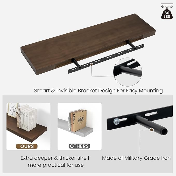 Wood Floating Shelves for Wall 24” x 8”x 1.4” Shelf Floating Rustic Farmhouse Decor, Heavy Duty Shelf Hold 60 lbs, Wall Shelves for Bathroom Living Room Kitchen Bedroom Office, 2 Packs Walnut-Ruum Studio Home