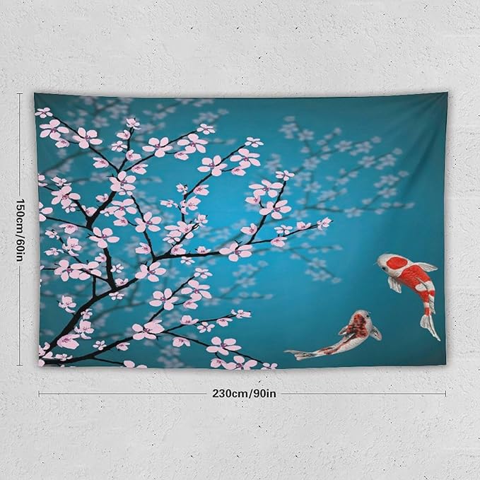 Houselerax Japanese Koi Fish Tapestry, Cherry Blossoms Asian Oriental Green Teal Flower Branch Koi Fish Carp Tapestries Wall Hanging for Bedroom Living Room Office Decor 90"x60"-Ruum Studio Home