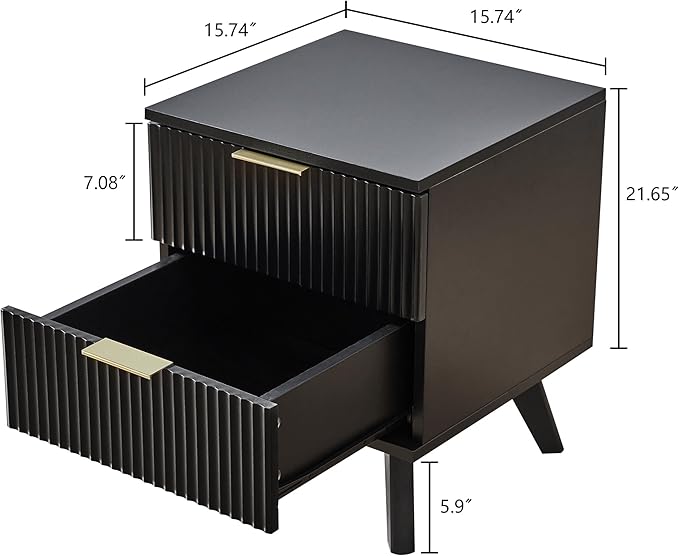 Fluted Nightstand Set of 2, Mid Century Modern 2 Drawer Dresser for Bedroom, Small Dresser Night Stand Side Table End Table with Wood Fluted Drawer Storage for Bedroom Closet(Black)-Ruum Studio Home