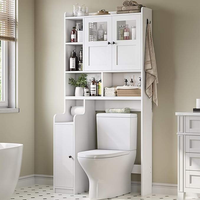 Itaar Over The Toilet Storage Cabinet, Over Toilet Bathroom Organizer with Glass Doors & Toilet Paper Holder Stand, Home Space-Saving Toilet Rack, for Bathroom, Restroom, Laundry(White)-Ruum Studio Home