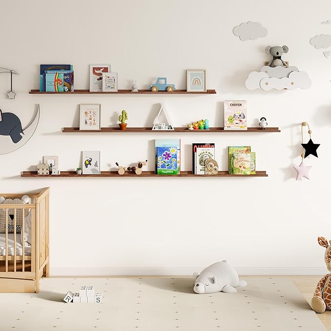 Floating Picture Ledge Shelves for Wall Set of 2, 84 Inches Picture Ledge Shelf with Long Large Nursery Book Shelf for Toys Storage Kids Bookshelf Wall Mounted Living Room Bedroom Decor Frames, Walnut-Ruum Studio Home