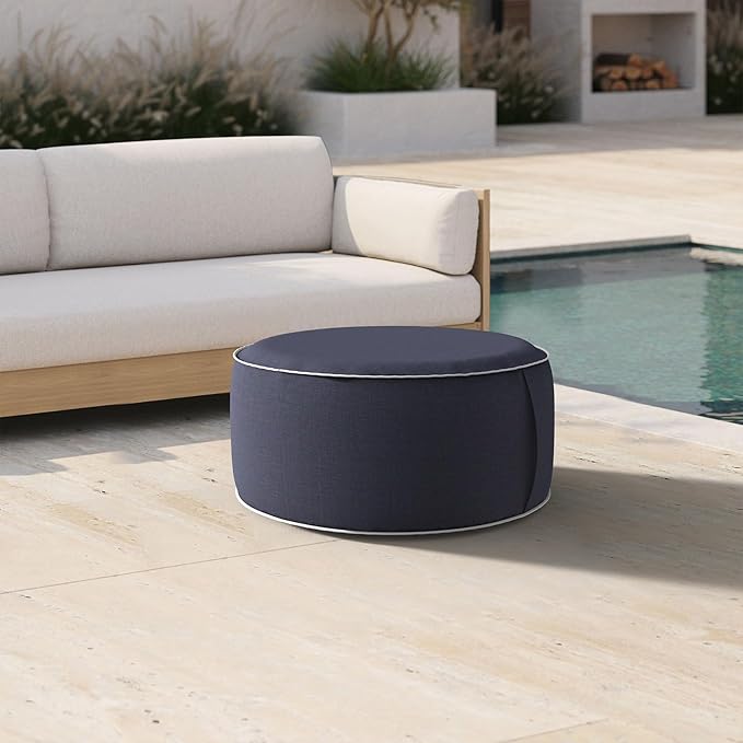 Inflatable Ottoman Stool D21 xH9 for Outdoor/Indoor Use, Water Repellent Patio Foot Rest Stool with Portable Handle,Round Pouf Ottoman Suitable for Garden,Deck and Camping - Textured Navy-Ruum Studio Home
