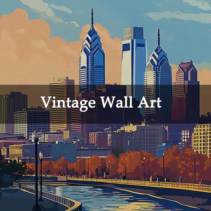 WREVERW Vintage Philadelphia Poster Canvas Print with Wooden Hanger Frame, Featuring Skyline and Schuylkill River, Wall Art for Home and Office Decor, 16x23 inches-Ruum Studio Home