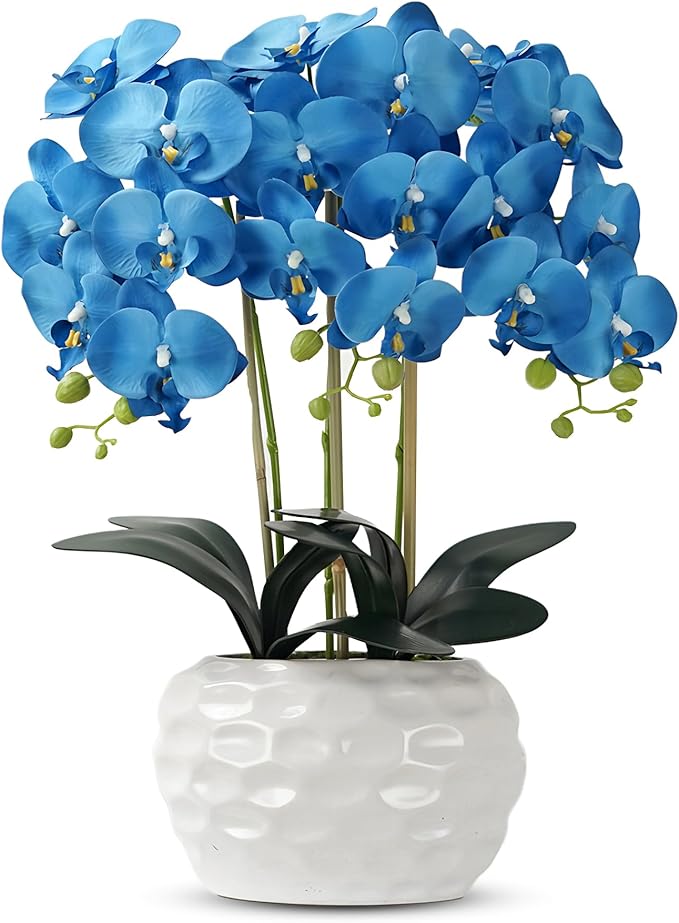 Orchid Artificial Flowers with White Vase Large Silk Faux Phalaenopsis Flowers for Dining Room Table Floral Centerpieces Indoor Decoration,Blue-Ruum Studio Home
