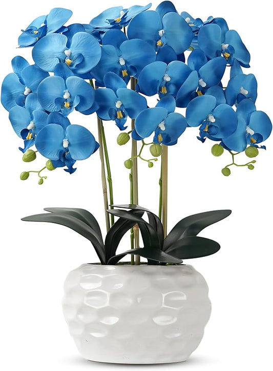 Orchid Artificial Flowers with White Vase Large Silk Faux Phalaenopsis Flowers for Dining Room Table Floral Centerpieces Indoor Decoration,Blue-Ruum Studio Home