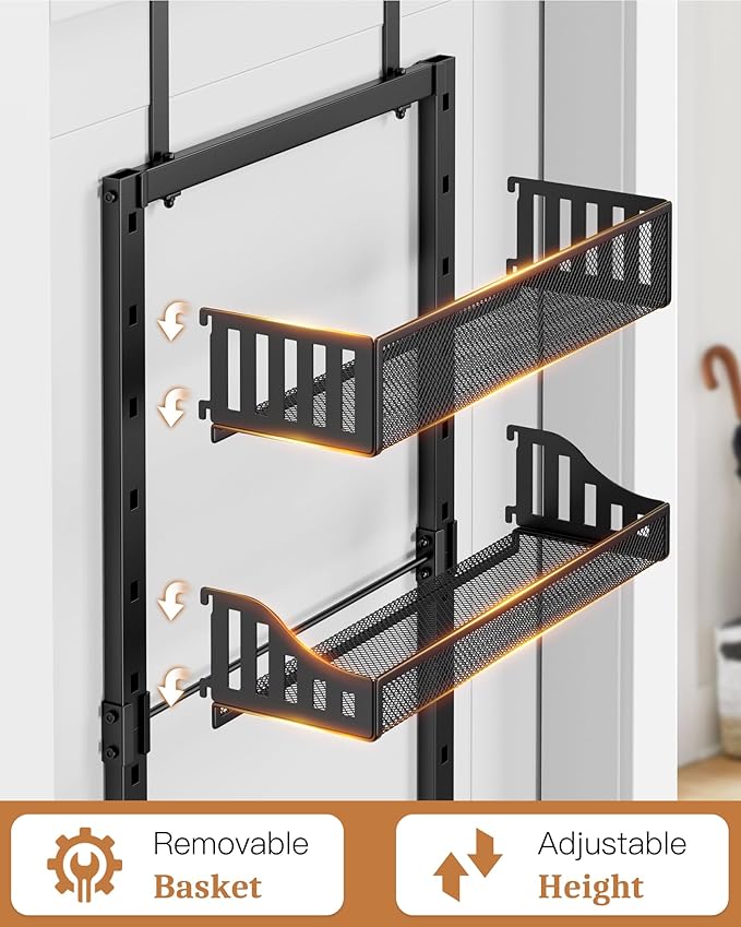 8-Tier Over the Door Pantry Organizer, Large Metal Door Spice Rack with Adjustable Basket, 2 in 1 Wall Mount or Hanging Heavy-Duty Pantry Door Storage Shelf for Kitchen and Bathroom, Black-Ruum Studio Home